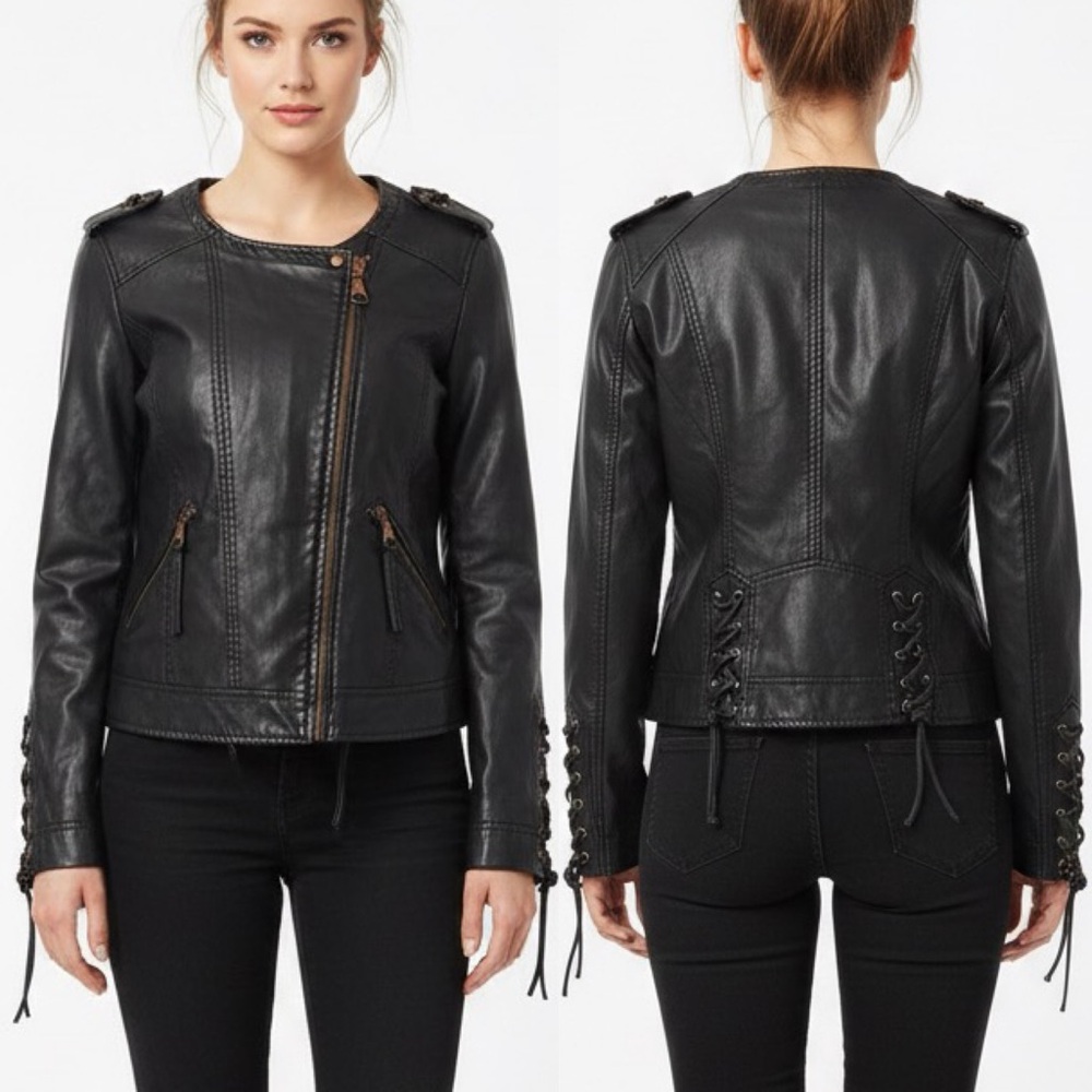 Express Black Faux Leather Moto Jacket Asymmetrical Zip Corset Lace-Up Details M